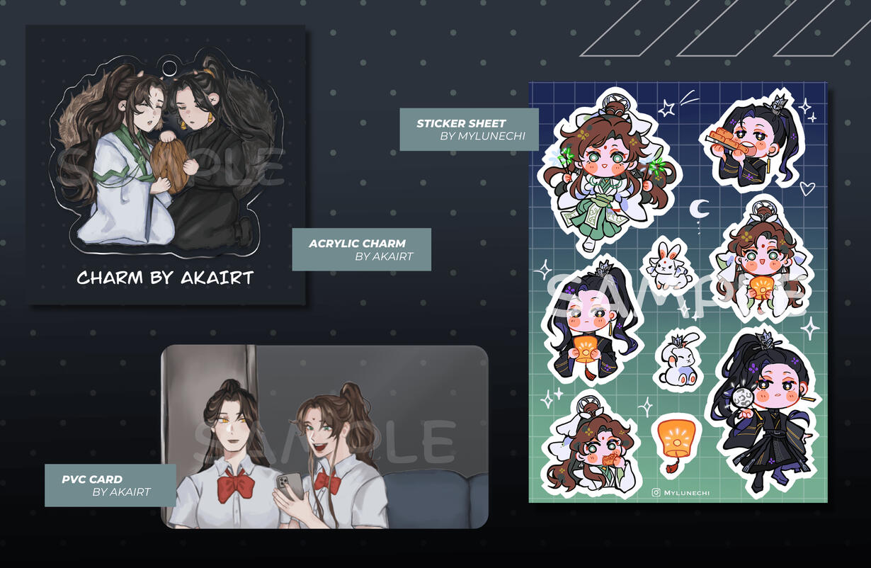Acrylic Charm by Akairt: 55mm | PVC Clear Card by Akairt: 55*85mm | Sticker Sheet by mylunechi: A6 (105 x 148mm)